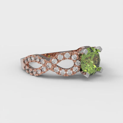1.42 cttw Natural Peridot Solitaire with Zirconia Simulated Diamond Accents Engagement Ring - Solid Rose/White Gold (VVS1, Round Cut,6.5mm)