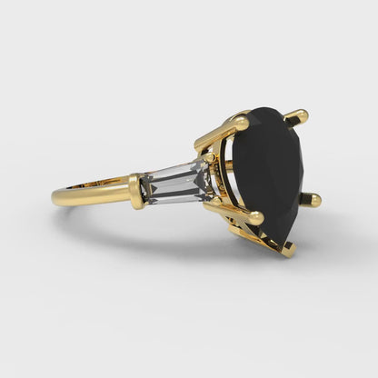 2.5 cttw Natural Onyx Three-Stone Engagement Ring - Solid Gold (Pear Cut,10x7mm)