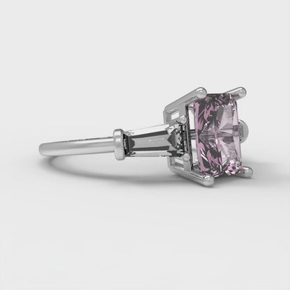 1.5 cttw Zirconia Simulated Pink Diamond Three-Stone Engagement Ring - Solid White Gold (VVS1, Emerald Cut,7.0x5.0mm)