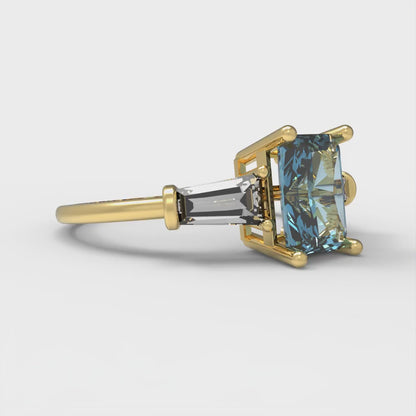 1.5 cttw Natural Swiss Blue Topaz Three-Stone Engagement Ring - Solid Gold (Emerald Cut,7.0x5.0mm)