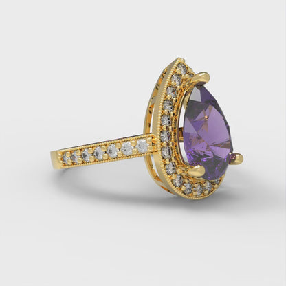 2.36 cttw Natural Amethyst Hidden Halo Engagement Ring - Solid Gold (Pear Cut,10x7mm)