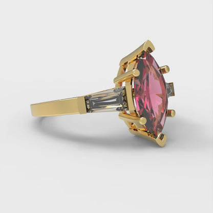 2 cttw Simulated Pink Tourmaline Three-Stone Engagement Ring - Solid Gold (Marquise Cut,11x5.5mm)