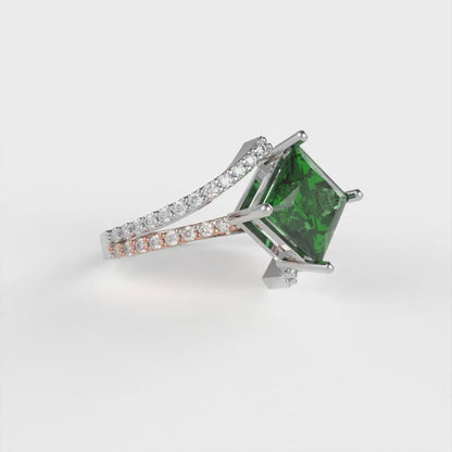 2.3075 cttw Simulated Emerald Solitaire with Zirconia Simulated Diamond Accents Engagement Ring - Solid White/Rose Gold (VVS1, Princess Cut,7.0mm)