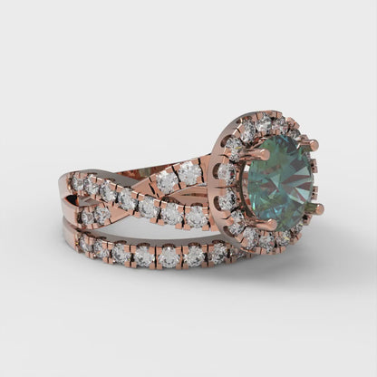 1.795 cttw Round Cut Blue Moissanite Bridal Set - Solid Rose Gold Engagement Ring & Wedding Band