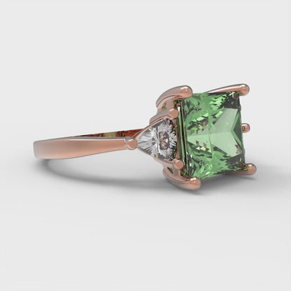 2.32 cttw Zirconia Simulated Green Diamond Three-Stone Engagement Ring - Solid Rose Gold (VVS1, Princess Cut,7.0mm)