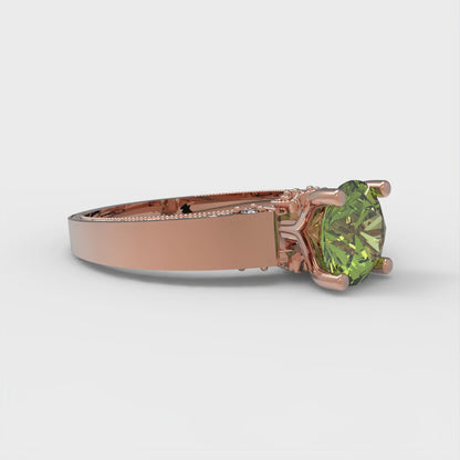 1.06 cttw Natural Peridot Solitaire with Zirconia Simulated Diamond Accents Engagement Ring - Solid Gold (Round Cut,6.5mm)