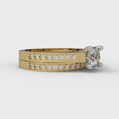 0.86 cttw Round Cut White Sapphire Bridal Set - Solid Yellow/White Gold Engagement Ring & Wedding Band