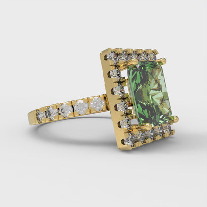 3.84 cttw Zirconia Simulated Green Diamond Solitaire with Zirconia Simulated Diamond Accents Engagement Ring - Solid Yellow Gold (VVS1, Emerald Cut,9x7mm)