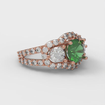 2.16 cttw Simulated Emerald Three-Stone Engagement Ring - Solid Rose Gold (VVS1, Round Cut,6.5mm)