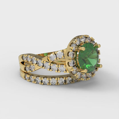 1.795 cttw Round Cut Simulated Emerald Bridal Set - Solid Yellow Gold Engagement Ring & Wedding Band
