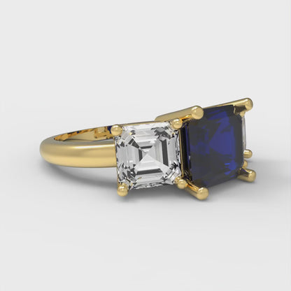 4 cttw Simulated Blue Sapphire Three-Stone Engagement Ring - Solid Yellow Gold (VVS1, Square Emerald Cut,7.0X7.0mm)