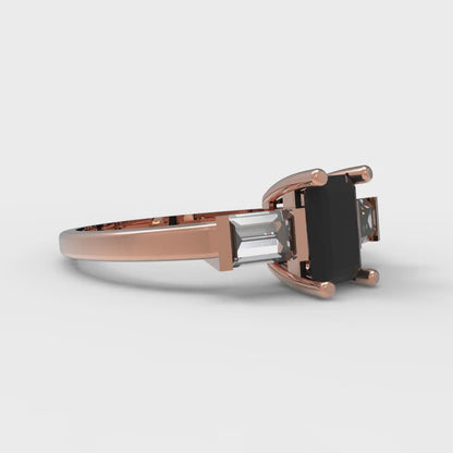 0.8 cttw Natural Onyx Three-Stone Engagement Ring - Solid Gold (Emerald Cut,6x4mm)