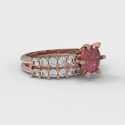 1.66 cttw Round Cut Simulated Ruby Bridal Set - Solid Rose Gold Engagement Ring & Wedding Band
