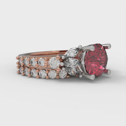 2.94 cttw Round Cut Simulated Ruby Bridal Set - Solid Rose/White Gold Engagement Ring & Wedding Band