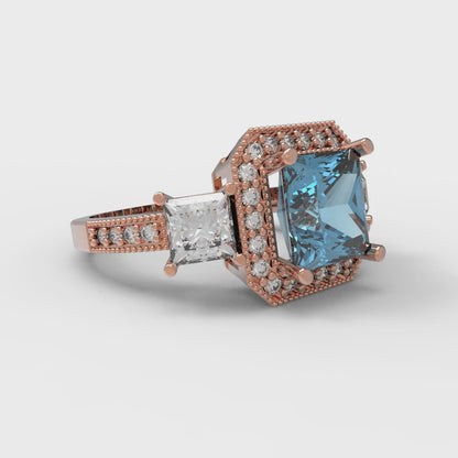 3.005 cttw Natural Aquamarine Three-Stone Engagement Ring - Solid Rose Gold (VVS1, Princess Cut,7.0mm)