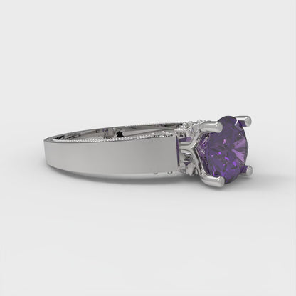 1.06 cttw Simulated Alexandrite Solitaire with Zirconia Simulated Diamond Accents Engagement Ring - Solid White Gold (VVS1, Round Cut,6.5mm)