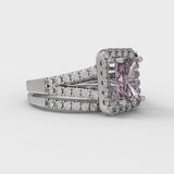 1.57ct Brilliant Emerald Cut Pink Simulated Diamond Stone White Gold Halo Solitaire with Accents Bridal Set