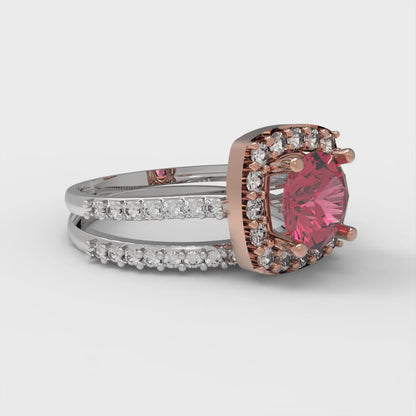 1.495 cttw Round Cut Simulated Pink Tourmaline Bridal Set - Solid White/Rose Gold Engagement Ring & Wedding Band