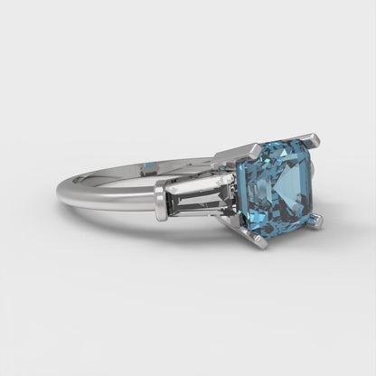 1.62 cttw Zirconia Simulated Blue Diamond Three-Stone Engagement Ring - Solid Gold (VVS1, Square Emerald Cut,6.5X6.5mm)