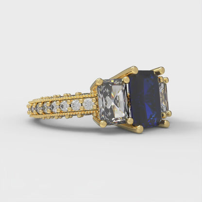 3.61 cttw Simulated Blue Sapphire Three-Stone Engagement Ring - Solid Gold (Emerald Cut,8x6mm)