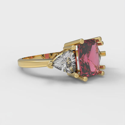 2.82 cttw Simulated Pink Tourmaline Three-Stone Engagement Ring - Solid Gold (Emerald Cut,8x6mm)