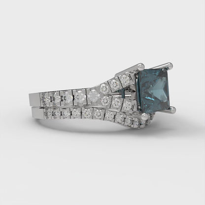 3.4 cttw Princess Cut Natural London Blue Topaz Bridal Set - Solid White Gold Engagement Ring & Wedding Band