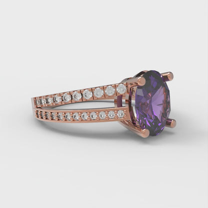2.32 cttw Natural Amethyst Solitaire with Zirconia Simulated Diamond Accents Engagement Ring - Solid Rose Gold (VVS1, Oval Cut,9X7mm)