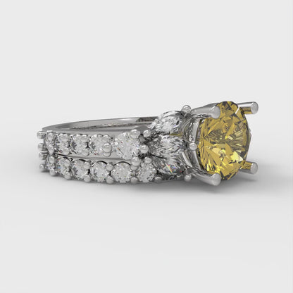 3.06 ct Brilliant Round Cut Natural Citrine White Gold Solitaire with Accents Bridal Set, November Birthstone