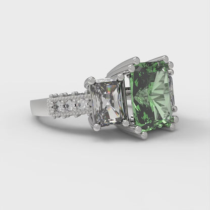4.27 cttw Zirconia Simulated Green Diamond Three-Stone Engagement Ring - Solid Gold (VVS1, Emerald Cut,9x7mm)