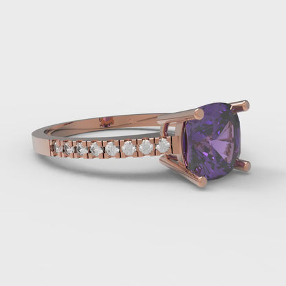 2.7 cttw Natural Amethyst Solitaire with Zirconia Simulated Diamond Accents Engagement Ring - Solid Gold (Cushion Cut,6.5mm)