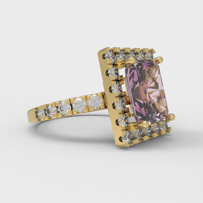 3.84 cttw Zirconia Simulated Pink Diamond Solitaire with Zirconia Simulated Diamond Accents Engagement Ring - Solid Yellow Gold (VVS1, Emerald Cut,9x7mm)