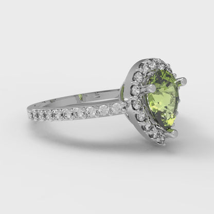 0.755 cttw Natural Peridot Solitaire with Zirconia Simulated Diamond Accents Engagement Ring - Solid Gold (Pear Cut,7x5mm )