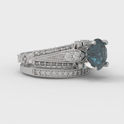 2.095 cttw Round Cut Natural London Blue Topaz Bridal Set - Solid White Gold Engagement Ring & Wedding Band