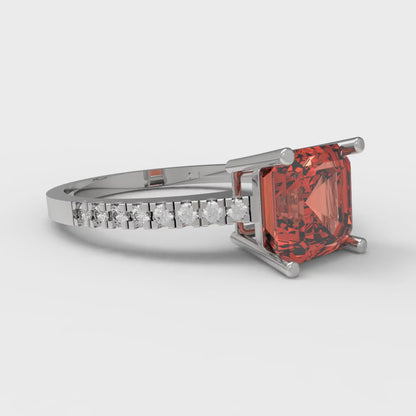 2.7 cttw Zirconia Simulated Red Diamond Solitaire with Zirconia Simulated Diamond Accents Engagement Ring - Solid White Gold (VVS1, Asscher Cut,6.5mm)