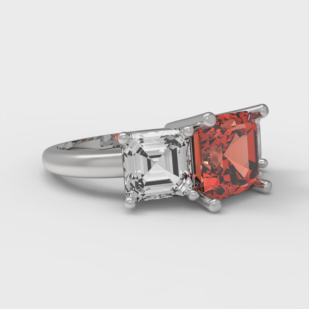 4 cttw Zirconia Simulated Red Diamond Three-Stone Engagement Ring - Solid Gold (VVS1, Square Emerald Cut,7.0X7.0mm)