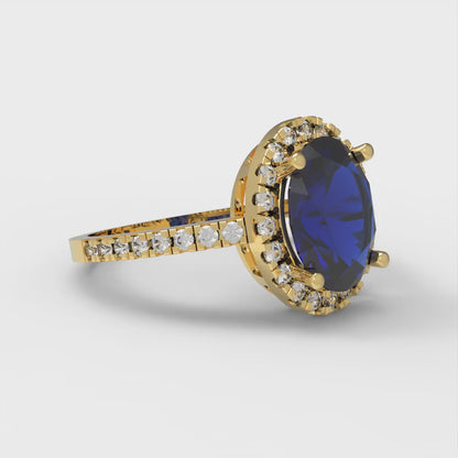 2.27 cttw Simulated Blue Sapphire Solitaire with Zirconia Simulated Diamond Accents Engagement Ring - Solid Gold (Oval Cut,9X7mm)