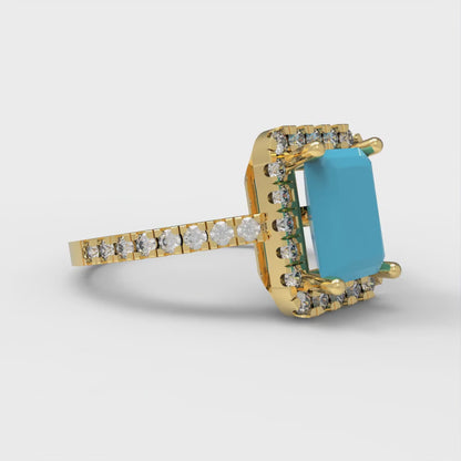 1.86 cttw Simulated Turquoise Hidden Halo Engagement Ring - Solid Gold (Emerald Cut,7.5x5.5mm)