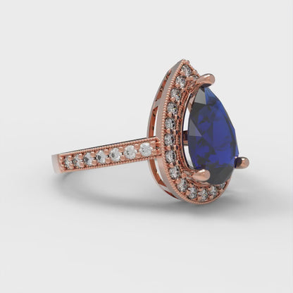 2.36 cttw Simulated Blue Sapphire Hidden Halo Engagement Ring - Solid Gold (Pear Cut,10x7mm)