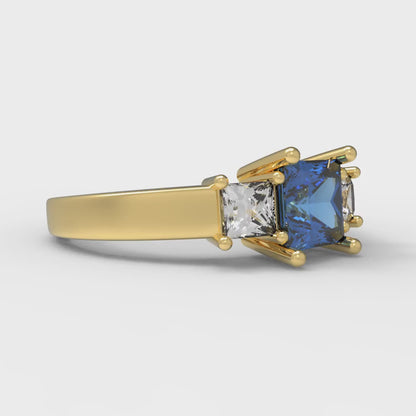 1.11 cttw Simulated Tanzanite Three-Stone Engagement Ring - Solid Yellow Gold (VVS1, Princess Cut,5.0mm)