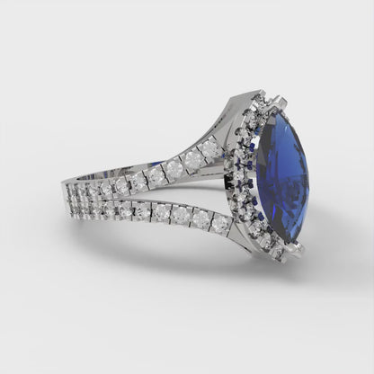 1.2 cttw Simulated Blue Sapphire Hidden Halo Engagement Ring - Solid Gold (Marquise Cut,9x4.5mm)