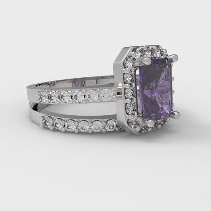 1.92 cttw Natural Amethyst Solitaire with Zirconia Simulated Diamond Accents Engagement Ring - Solid Gold (Emerald Cut,7.5X5.5mm)