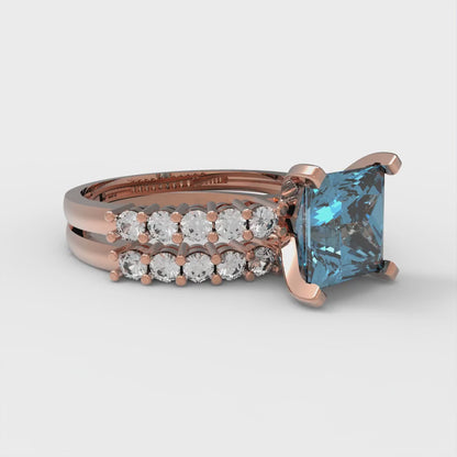 2.63 cttw Princess Cut Natural Aquamarine Bridal Set - Solid Rose Gold Engagement Ring & Wedding Band