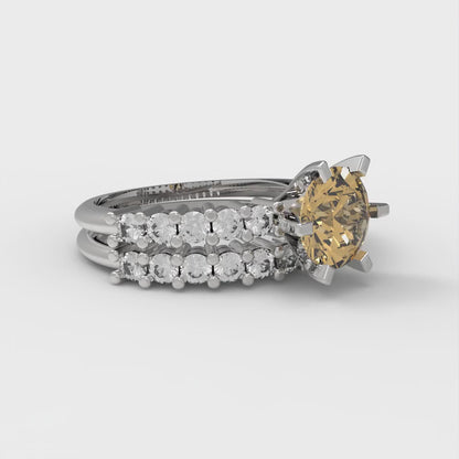 1.66 cttw Round Cut Simulated Champagne Diamond Bridal Set - Solid White Gold Engagement Ring & Wedding Band