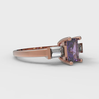 0.8 cttw Natural Amethyst Three-Stone Engagement Ring - Solid Gold (Emerald Cut,6x4mm)