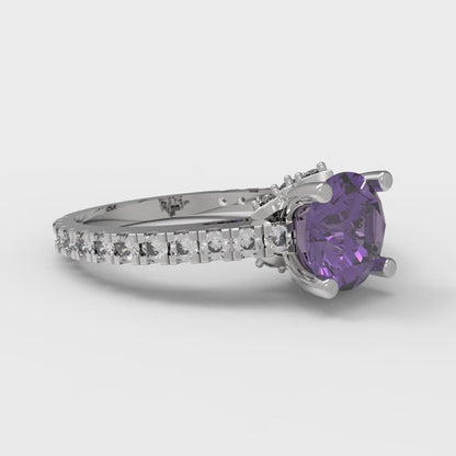 1.465 cttw Natural Amethyst Solitaire with Zirconia Simulated Diamond Accents Engagement Ring - Solid Gold (Round Cut,6.5mm)