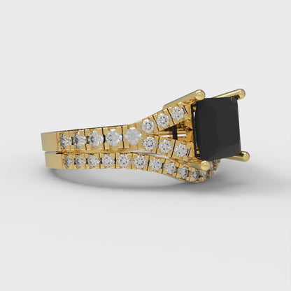 3.4 cttw Princess Cut Natural Onyx Bridal Set - Solid Yellow Gold Engagement Ring & Wedding Band