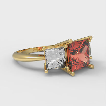 2.5 cttw Zirconia Simulated Red Diamond Three-Stone Engagement Ring - Solid Gold (VVS1, Princess Cut,6.5 mm)