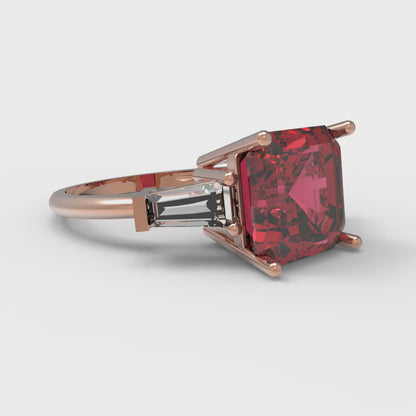 3 cttw Simulated Ruby Three-Stone Engagement Ring - Solid Rose Gold (VVS1, Asscher Cut,8.0mm)