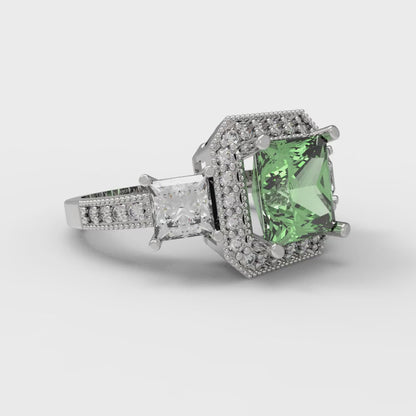 3.005 cttw Zirconia Simulated Green Diamond Three-Stone Engagement Ring - Solid White Gold (VVS1, Princess Cut,7.0mm)