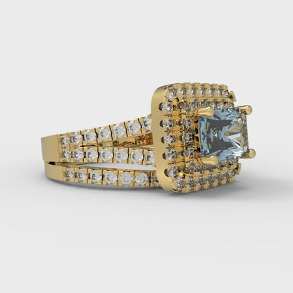3.05 cttw Emerald Cut Natural Sky Blue Topaz Bridal Set - Solid Yellow Gold Engagement Ring & Wedding Band